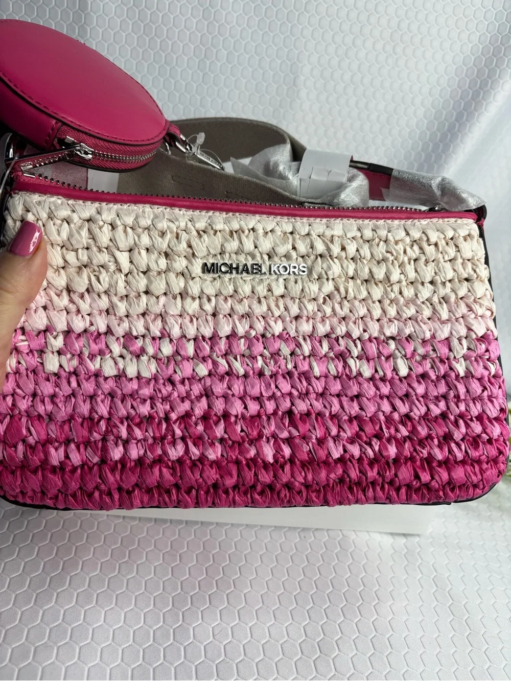 Michael Kors Pink Ombre Woven Crossbody Bag with Pink Leather Accents NWT - Picture 7 of 11